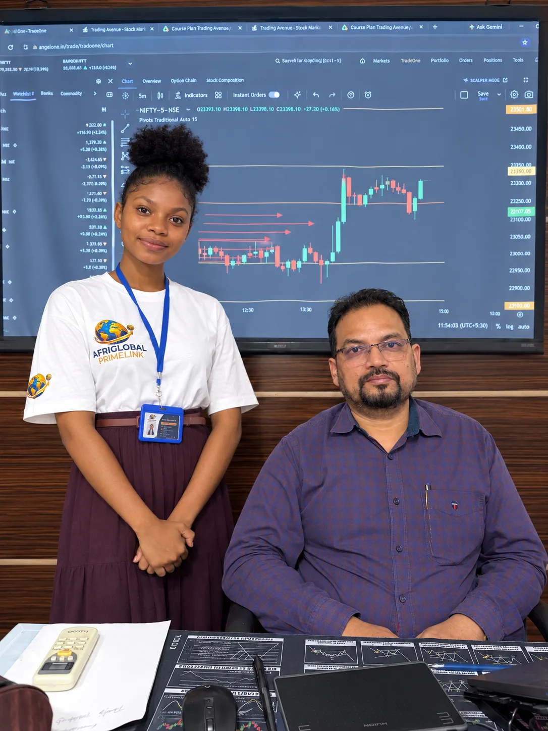 An AfriGlobal representative with the lead instructor at Trading Avenue, in front of a live market chart