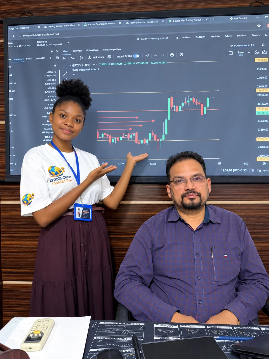 An AfriGlobal representative pointing to a candlestick chart on the classroom display at Trading Avenue